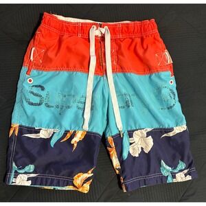 Superdry Mens Colorblock Floral Swim Shorts Orange Blue Hibiscus Size M